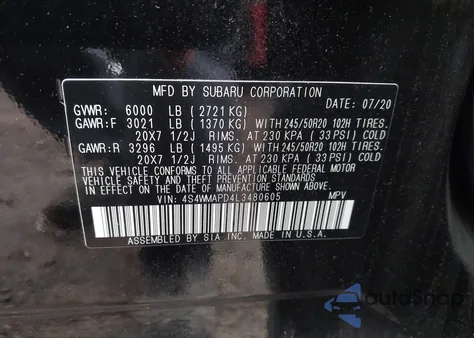 2020 Subaru Ascent Limited from USA, damaged, VIN 4S4WMAPD4L3480605